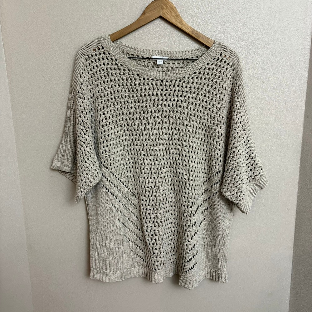 Pure Jill J. Jill Sweater XL Beige Open Knit Short Sleeve Dolman Boho Crochet